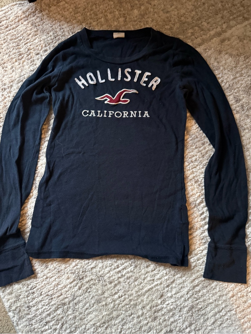 Hollister Navy Long Sleeve Tee with White Script and Red Seagull Emblem